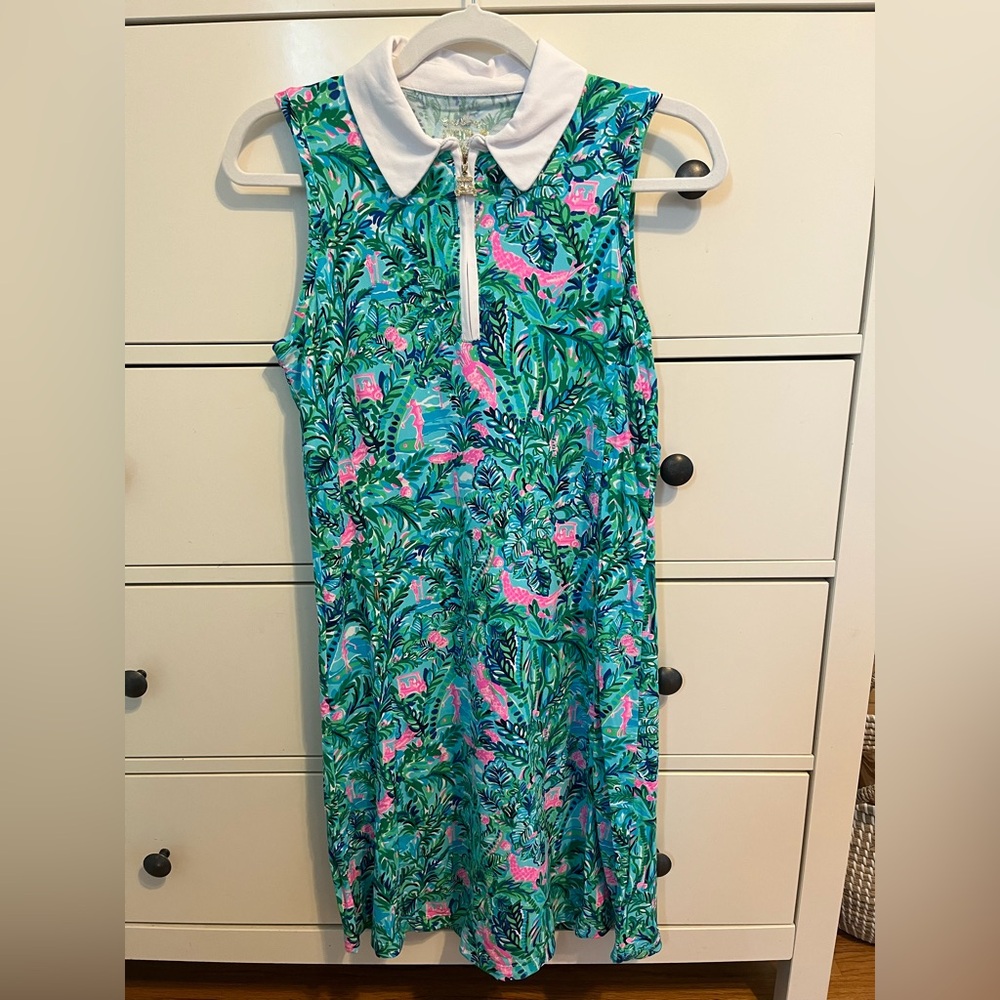 Lilly Pulitzer White-Collared Tropical Print Polo with Gold Zip Charm